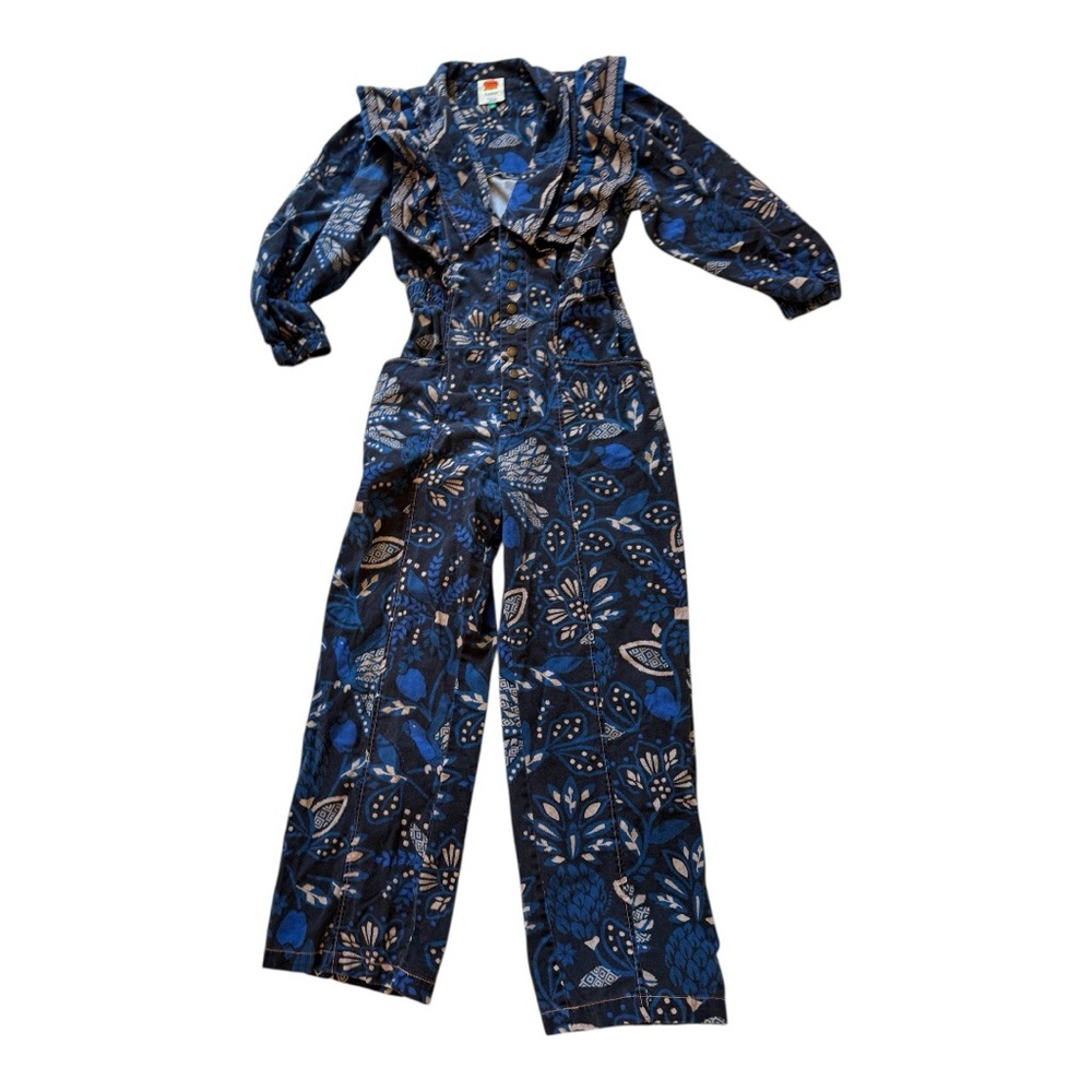 FARM Rio Navy Blue and Tan Floral Ruffle Jumpsuit - Picture 5 of 7